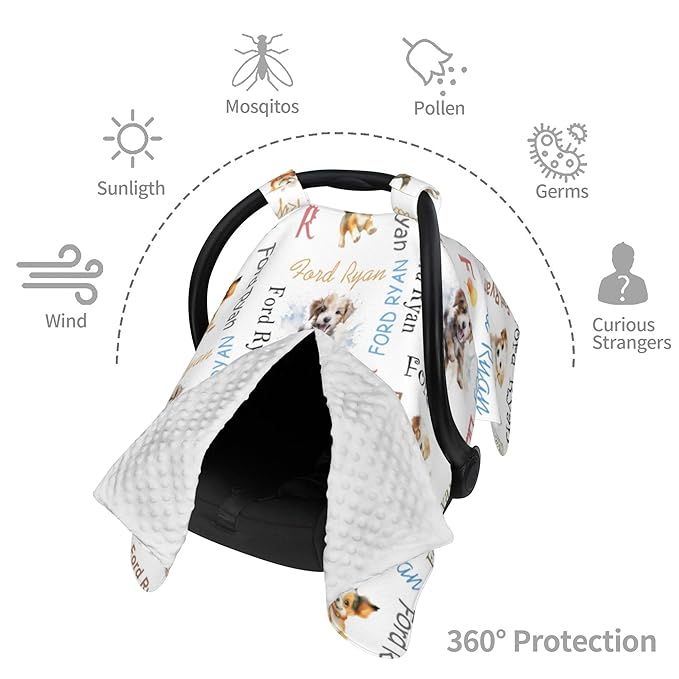 Custom Baby Car Seat Canopy Personalized Car Seat Covers with Name for Baby Boys Girls Customized Dog Nursing Breastfeeding Cover Infant Carseat Canopies Newborn Minky Baby Blanket