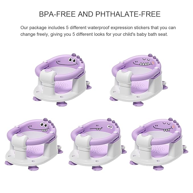 TPN Baby Bath Seat for Babies 6 Months & Up, Non-Slip Toddler Bath Seat with 5 PCS Waterproof Emoji Stickers, Portable Infant Bath Seat for Baby(Lavender)