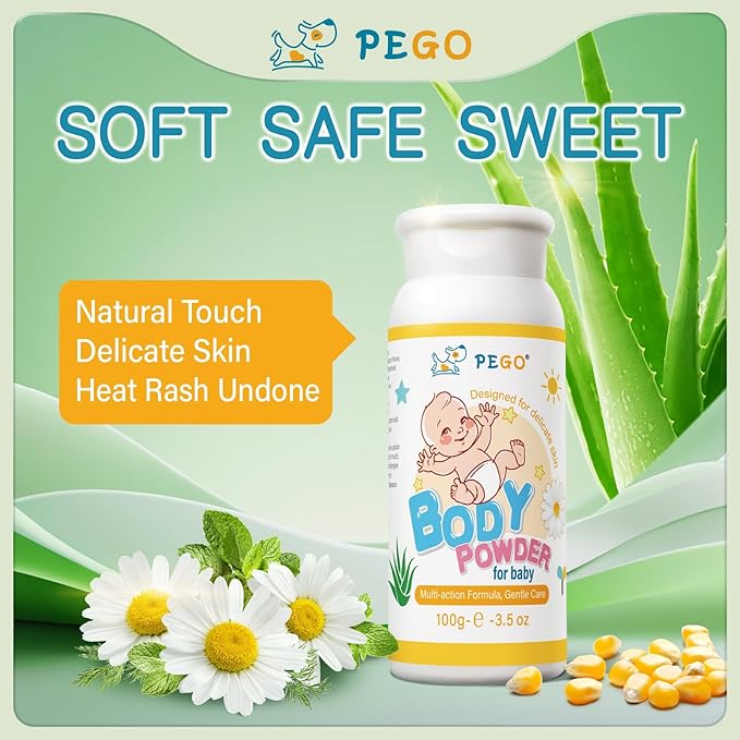 PEGO Cornstarch Baby Powder,Talc-Free,with Zinc Oxide,Aloe and Chamomilla,Prevent Heat Rash,Diaper Rash,Protect Newborns,Toddlers from Chafing,‌Non-Irritating,Travel Size 100g/3.5Oz (1 Pack)
