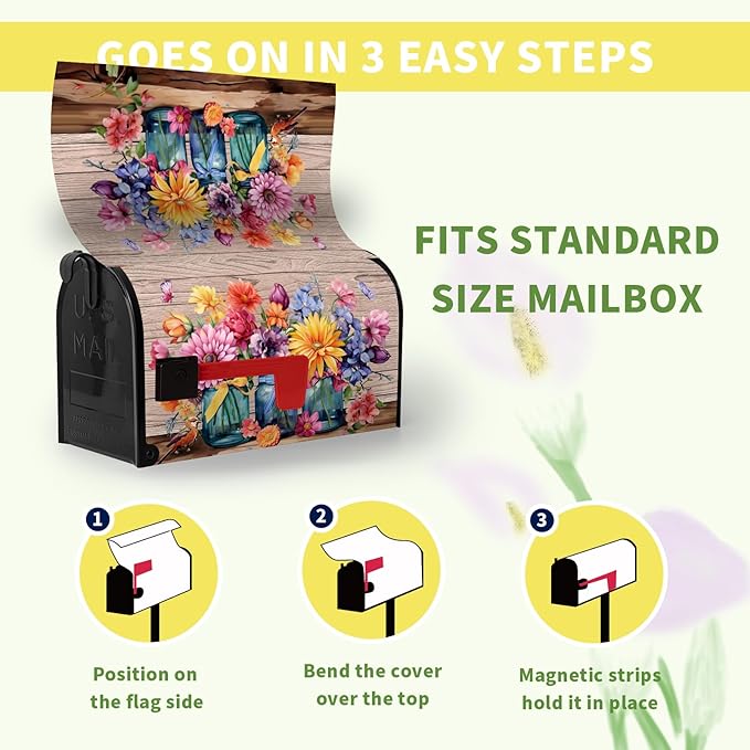 Fall Mailbox Cover Magnetic Butterfly Daisy Jars Rustic Mailbox Wraps Autumn Floral Colorful Flowers Mail Box Covers Decals Letter Post Box Outdoor Decorations Standard 21" Lx 18" W