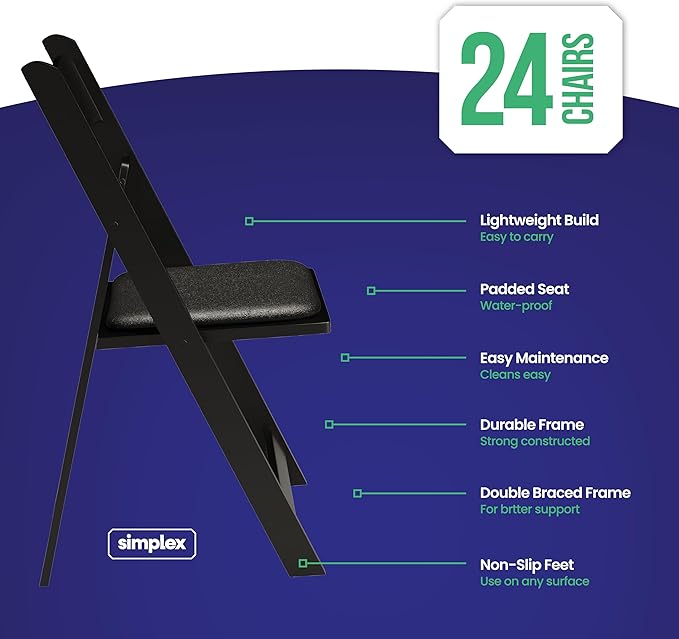 SIMPLEX 24 Black Resin Stackable Folding Chair - Comfortable Black Foldable Chair - Folding Chairs with Padded Seats - Indoor/Outdoor Folding Chairs for Events - Lightweight Foldable Chairs (24 Pack)