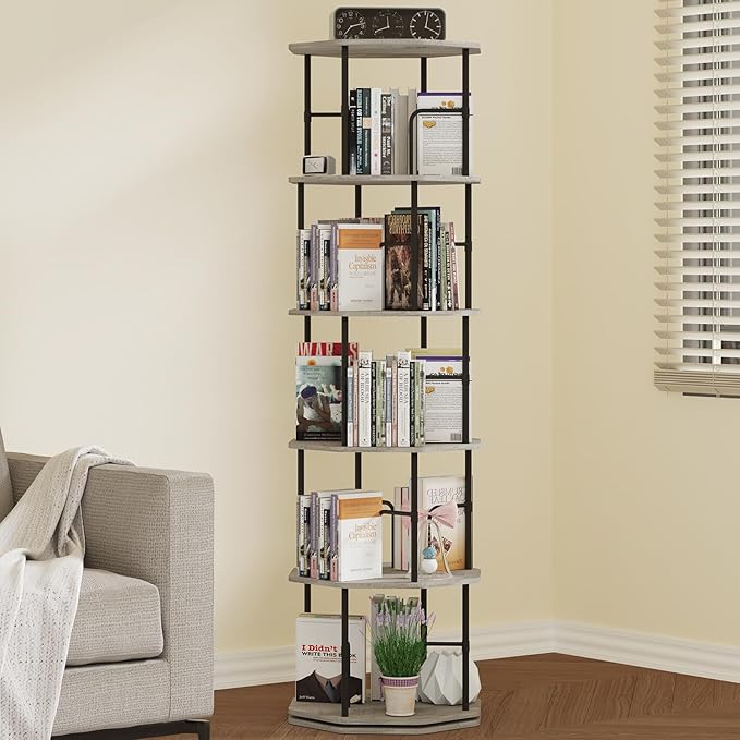 5 Tier Rotating Bookshelf, 360 Display Round Spinning Bookshelf Tower for Kids Room, Corner Shelf for Living Room, Office, Bedroom, Black
