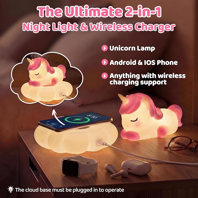 Mewaii Cloud Unicorn Night Light for Kids-Wireless Charging Cloud Base, 3-Level Dimmable 7-Color Changing & 30-Min Timer, Portable Girls Night Lamp, Cute Unicorn Gifts for Girls Baby Nursery Decor