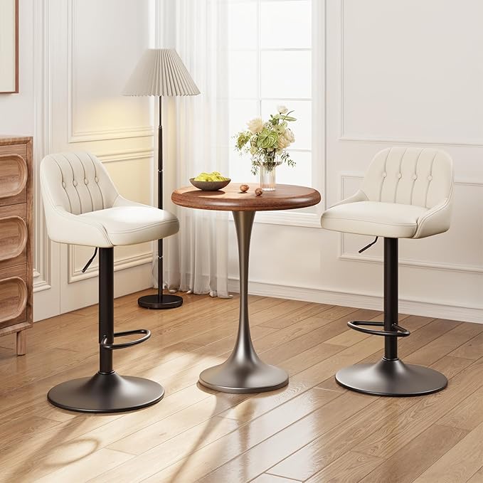 Bar Stools Set of 2, Swivel Bar Chairs, Modern Adjustable PU Leather Upholstered Barstools Counter Height with Tufted Back for Bar, Kitchen Counter Island, Dining Room, Beige