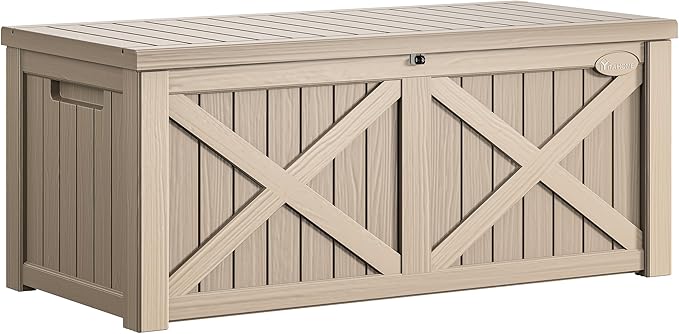 YITAHOME 150 Gallon Large Deck Box with X-Shaped Front, Resin Outdoor Storage Boxes, Waterproof Cushion Storage Bench for Patio, Pool Supplies, Garden Tools - Lockable, Taupe