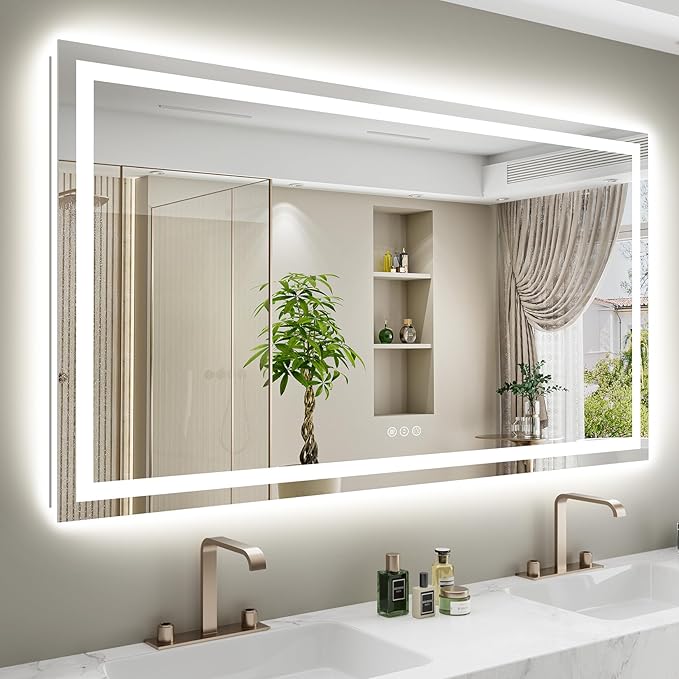 60x38 Inch LED Bathroom Mirror with Lights Front and Backlit Lighted Vanity Mirror for Bathroom Wall with 3 Colors Dimmable Anti-Fog Memory Shatter-Proof IP54 Waterproof Horizontal/Vertical