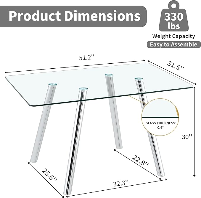 Modern Glass Dining Table for 6, 51.2" Rectangular Dining Table with Tempered Glass Top & Metal Legs, Kitchen Table for Dinner Dining Room Living Room