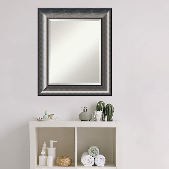 Amanti Art Silver Bathroom Mirror for Over Sink, 26x22 Quicksilver Scoop Rectangle Vanity Mirror, Small Casual Wood Frame, Hangs Horizonally and Vertically, Bathroom Wall Decor, Beveled Edge