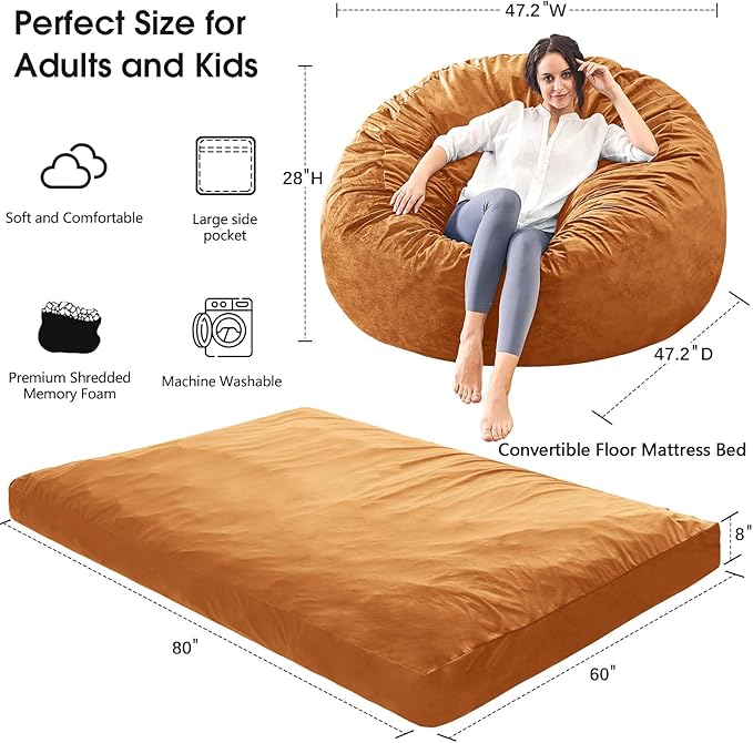 Bean Bag Chairs for Adults - Giant Bean Bag Chair Convertible Bean Bag Bed - Beanbag Chair with Micro Fiber Cover/Furniture Foam Filler - Floor Couch Sofa in Bedroom Dorm Room - Queen Golden Brown