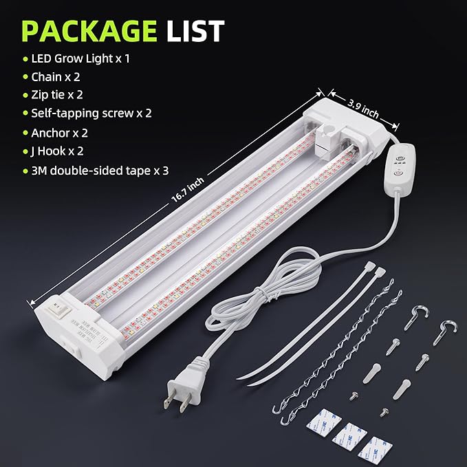 Hlite 16inch Adjustable Full Spectrum Plant Growing Lamps- Linkable Grow Lights for Indoor Plants Plug and Hanging Design with On/Off Switch Timer Hanging Grow Light from Seedling to Flowering，White