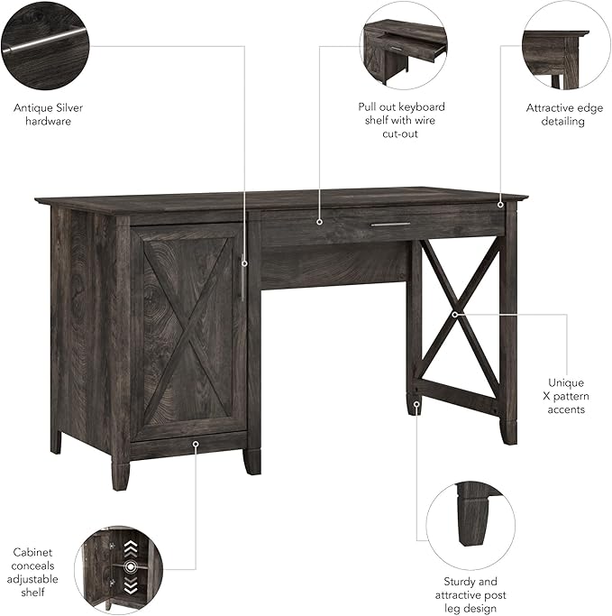Bush Furniture Key West Computer Desk with Storage | Farmhouse PC Table for Home Office in Dark Gray Hickory | 54W x 24D