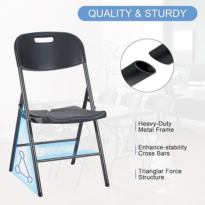 VECELO 4 Pack Folding Chairs, Indoor/Outdoor Use Plastic Seat with Steel Frame, for Events, Office, Wedding, Party, Stackable & Portable, Matte Black
