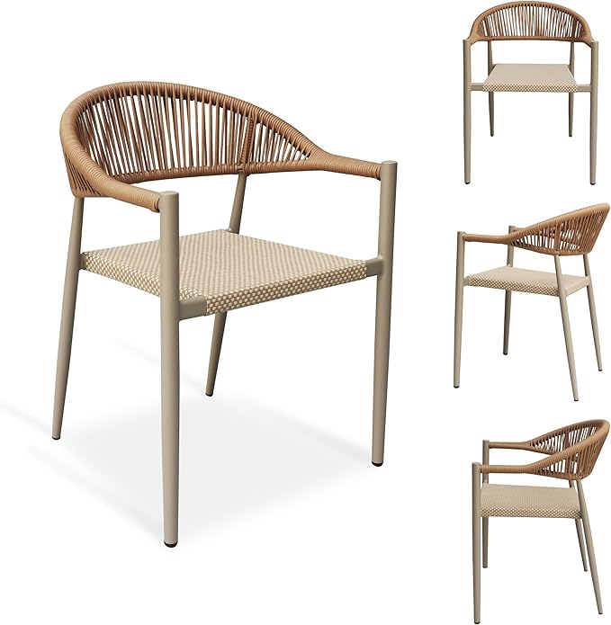 4 Pcs Stackable Patio Dining Chairs, Aluminum Rattan Outdoor Dining Chair with Arms, Woven Rope Garden Armchair Metal No Assembly for Bistro Balcony Porch Deck Yard Cafe Restaurant, Light Brown