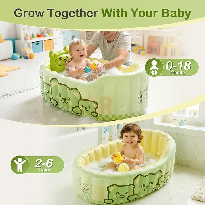 Inflatable Baby Bathtub with Seat Cushion & Air Pump, Newborn to Toddler Bath Tub, Foldable Portable Toddler Tub for Shower Sink, Non-Slip Texture, Quick-Drain, Travel-Ready, Green