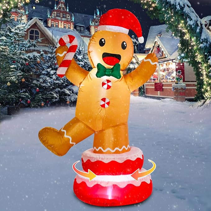 Christmas Inflatables Outdoor Decoration Inflatable Animated Rotating Gingerbread Man Giant Outdoor Indoor Blow Up LED Lighted Up Yard Lawn Garden Home Party Decor