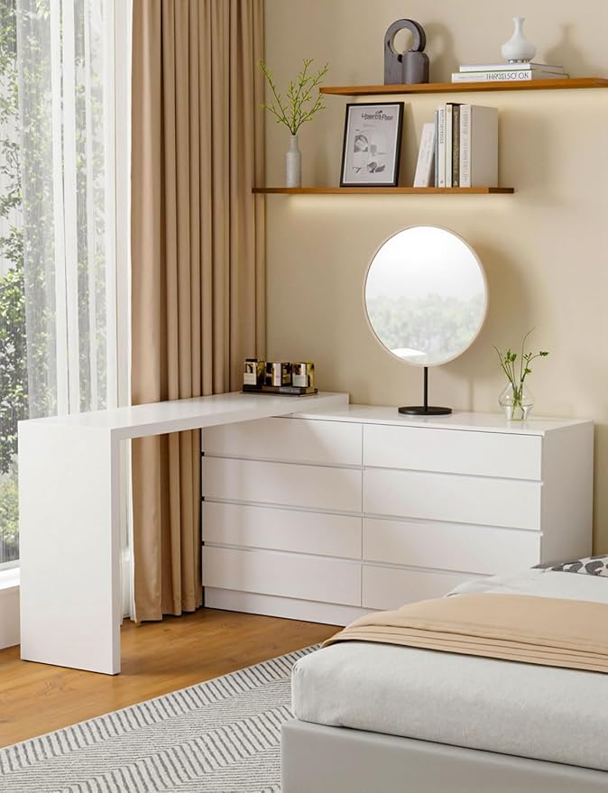 8 Drawer Vanity Dresser Combo with Extendable Table & L-Shaped Desk, White MDF Large Dresser for Bedroom, Adjustable Makeup Dressing Table with Wide Storage, Desk and Vanity Combo for Small Spaces