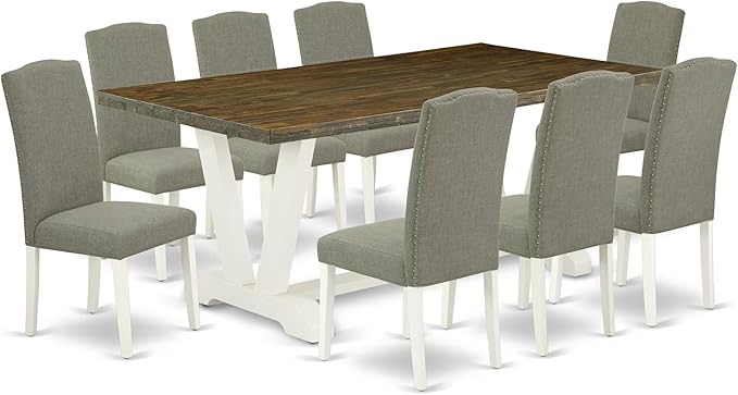 East West Furniture V077EN206-9 9 Piece Modern Dining Table Set Includes a Rectangle Wooden Table with V-Legs and 8 Dark Shitake Linen Fabric Parsons Dining Chairs, 40x72 Inch, Multi-Color