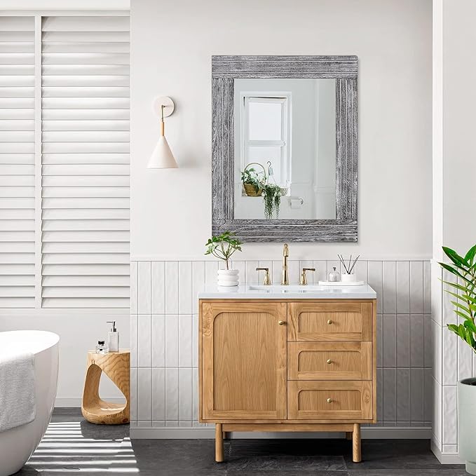 Large Wall Mirror Farmhouse Vintage Rustic Wood Framed Rectangular Mirror Decorative Dressing Table Entrance Bedroom Bathroom Mirror 26"x18"