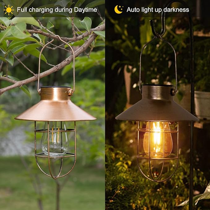 pearlstar Solar Lantern Outdoor Hanging Light Metal Farmhouse Solar Lamp with Warm White Edison Bulb Design for Garden Yard Patio Porch Decor (Brushed Copper)