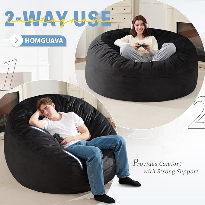 Homguava 5FT Bean Bag Chair Giant BeanBag with Memory Foam Filled, Comfy Bean Bag Chairs for Adults, Adult Bean Bag Chair with Dutch Velvet Cover for Living Room Bedroom-Black