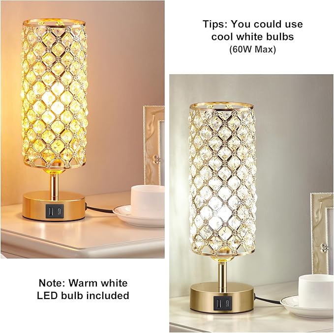 Crystal Table Lamp, Gold Lamp for Bedroom with USB-C USB-A Charging Ports, 3 Way Dimmable Light with Crystal Lampshade, Bedside Lamp Small Touch Light for Girl Room in Gold
