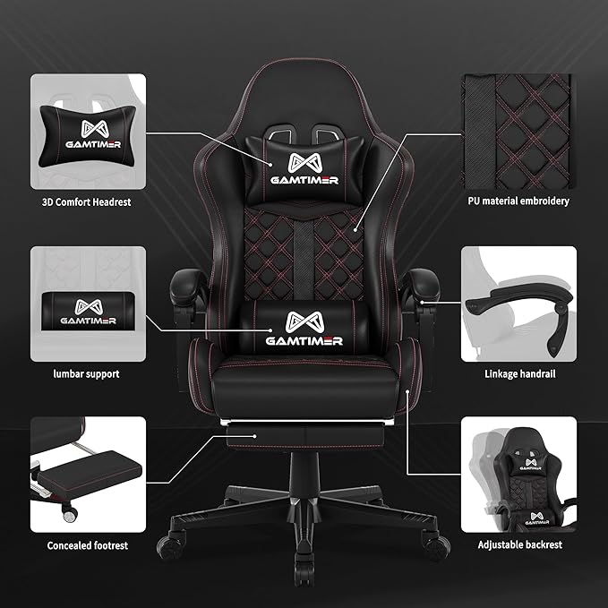 Gaming Chair, 400 lbs Adult Chair, High Back Computer Chair with Footrest and Linked Armrests, Office Video Game Chair with Lumbar Support (Black)