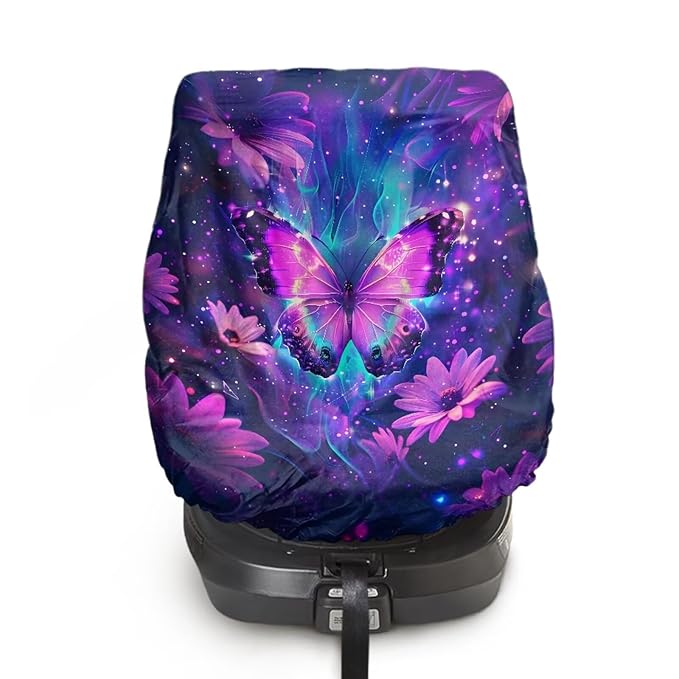 XYZCANDO Butterfly Print Carseat Cover for Baby Girl Purple Baby Car Seat Sun Shade Cover Easy to Install Car Seat Sun Protection for Toddler Univiersal Car Seat Covers for Babies Gift for Friends