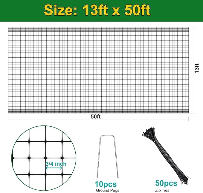 KLEWEE Bird Netting, 13 x 50 FT Heavy Duty Garden Netting for Protect Fruit Trees, Plants and Vegetables from Birds, Deer, Squirrels and Other Animals