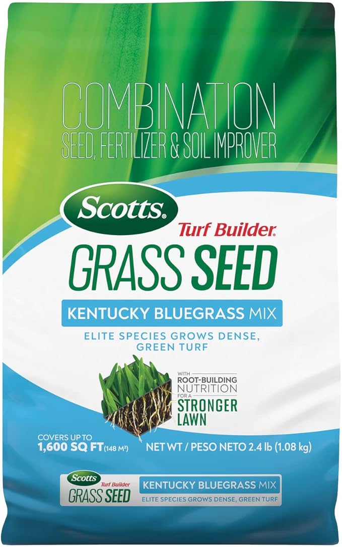 Scotts Turf Builder Grass Seed Kentucky Bluegrass Mix with Fertilizer and Soil Improver, Grows Dense, Green Turf, 2.4lbs.
