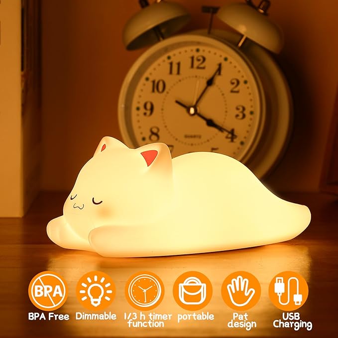 ZKLiLi Night Light for Kids Lamp,16 Colors Cute Cat Lamp, Dimmable Baby Night Lights for Nursery Toddler,Silicone Rechargeable Nightlight for Kids Room, Kawaii Room Decor Cat Decor Gifts for Girls