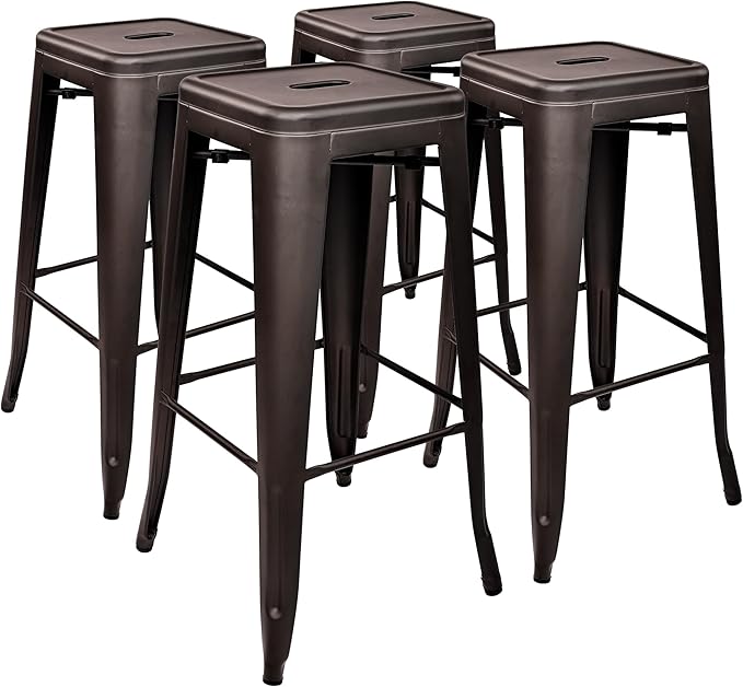 30 Inches Metal Bar Stools, High Backless Stools, Indoor Outdoor Stackable Kitchen Stools, Set of 4, Brown