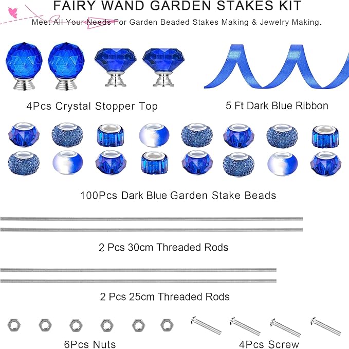 119 Pcs Garden Stake Diy Fairy Wand Plant Stake with Dark Blue Large Hole Beads Crystal Diamond Stopper Top 4 Stainless Steel Threaded Rod Beaded Garden Stakes For Outdoor Indoor Plant Pot Decorations