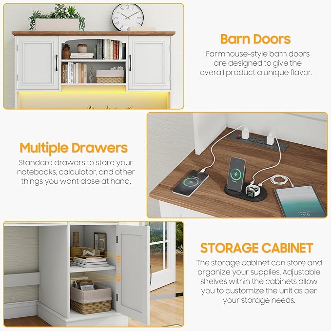 Farmhouse 47" Executive Desk with Hutch, 2 Drawers and LED Light, Computer Desk with Storage Cabinet and Charging Station,Workstation for Home Office and Study.Unique White