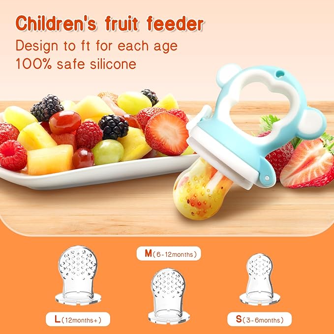 Baby Fruit Food Feeder - Silicone Nibble Tray Combo - Breastmilk Popsicle Mold for Cooling Relief, BPA Free Mesh Feeder for Infant Self Feeding (Monkey Blue Orange + Carrot)