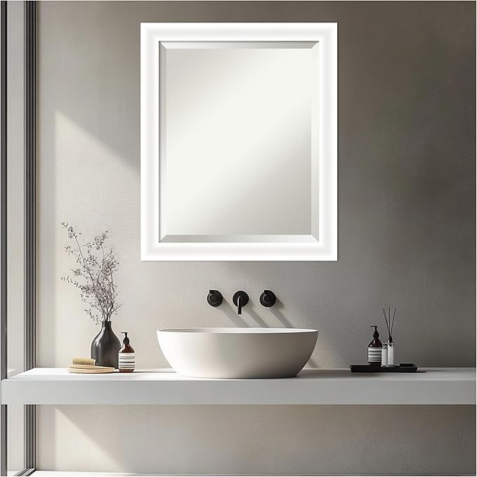 Amanti Art White Bathroom Mirror for Over Sink, 23x19 Oliver White Narrow Rectangle Vanity Mirror, Small Modern Wood Frame, Hangs Horizonally and Vertically, Bathroom Wall Decor, Beveled Edge