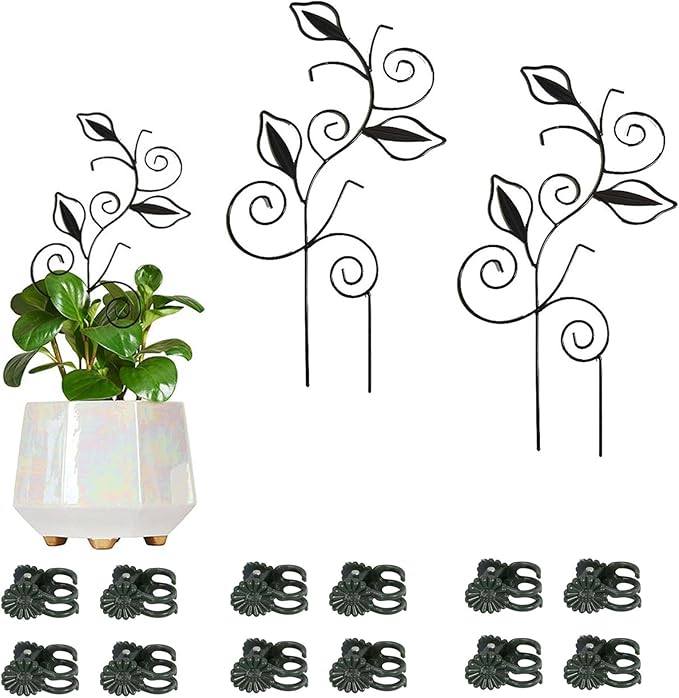 Decorative Metal Plant Trellis for Indoor Potted Plants – Leaf Shape Vine Support Stakes with 6 Plant Clips, Black/Green/Gold Garden Trellises for Climbing Plants, Vines (Black 2pcs)