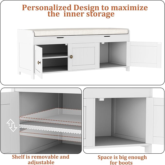 HOMEFORT 41.3" Shoe Bench with Lift Top Storage, Entryway Bench with Cushioned Seat, Wooden End of Bed Bench, Shoe Cabinet Bench with Hidden Storage Space, for Bedroom, Hallway,White