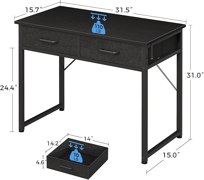 Casaottima 32 Inch Small Office Computer Desk with 2 Drawers & Headphone Hook - Compact Writing Desk for Home Office, Study or Work, Modern Space-Saving Design for Small Spaces, Black