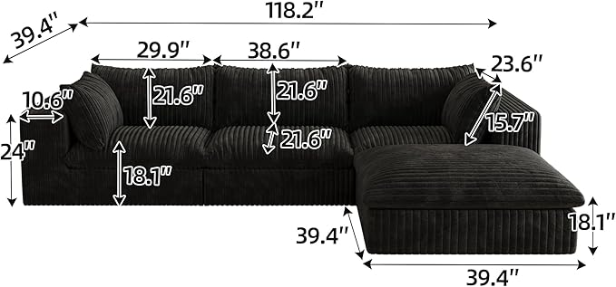 118.2" L Shaped Modular Sectional Cloud Couch with Ottoman, Plush Corduroy Upholstered Compression Sofa, 4-Seat Deep Seat Boneless Sofa Couches with Throw Pillow