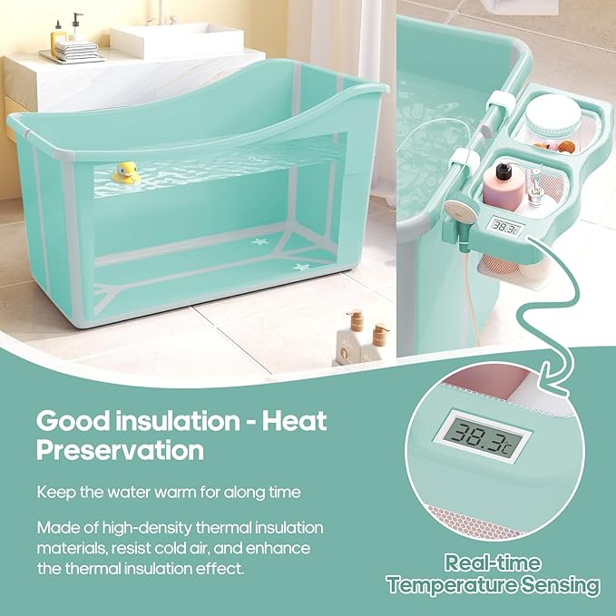 Collapsible Baby Bathtub Foldable Bathtub for Toddler Portable Large Foldable Bath Tub Bathtub for Kids Petite with Thermometer and Storage Basket (Green)