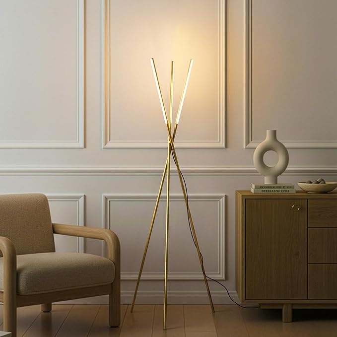 Brightech Stix LED Tripod Floor Lamp for Living Room - Dimmable Modern Standing Lamp, with 3 Lights for Bedroom - Contemporary Office Lighting- Gold / Antique Brass