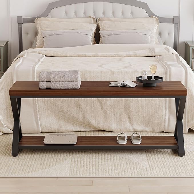 IBF Wood Entryway Bench Indoor, Industrial Wooden Metal Entry Shoe Storage Bench in Bedroom, Farmhouse Hallway Shoe Rack Bench Seating for Foyer Living Dining Room End of Bed, Walnut, 47 Inch