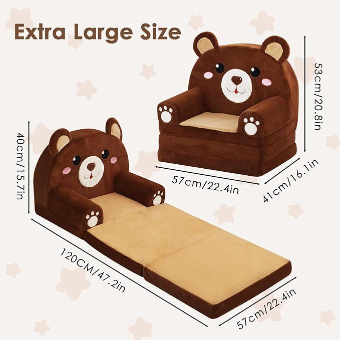 Kids Couch Comfy Foldable Kids Sofa to Lounger 2 in 1 Toddler Chair Plush Baby Sleeper Chair for Playing and Napping, Birthday Gifts for Boys and Girls