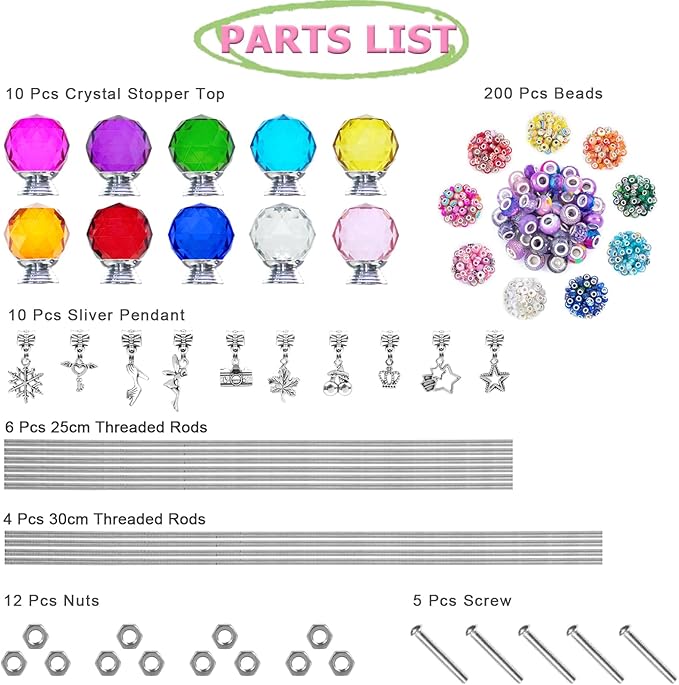 247 PCS Beaded Garden Stakes Kit, DIY Fairy Wand Garden Stake Beads Kits with Assortment Large Hole Beads 10 Crystal Stopper Top Threaded Rods and 10 Silver Pendants for Outdoor Indoor Decor