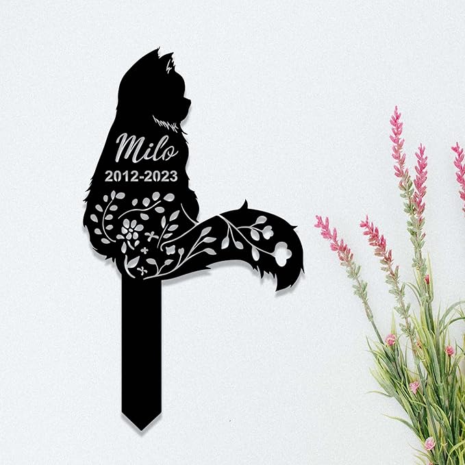 Custom Fluffy Long Hair Cat Memorial Stake Sign - Metal Grave Marker, Garden Decor, Personalized Name Remembrance Yard Stake, Pet in Heaven, Loss of Cat Sympathy Gift