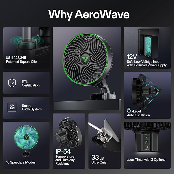 VIVOSUN AeroWave E6 Gen2, Grow Tent Clip Fan 6”, EC Motor, Smart Control, Powerful Oscillating Fan, Local Timer, Weatherproof IP54, for Hydroponics Circulation Cooling, Black