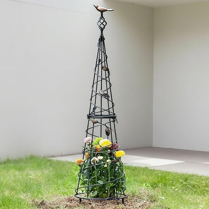 Garden Obelisk 40.5 Inch Metal Trellis for Climbing Plants - Sturdy Support for Rose Bushes & Tall Vines, Featuring Decorative Bird and Leaf Elements, Perfect for Garden Decor