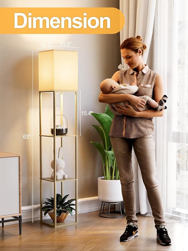 Floor Lamp with Shelves for Living Room Natural Wood, Shelf Floor Lamp with 3 CCT LED Bulb, Corner Display Standing Column Lamp Etagere Organizer Tower Nightstand with White Linen Shade for Bedroom