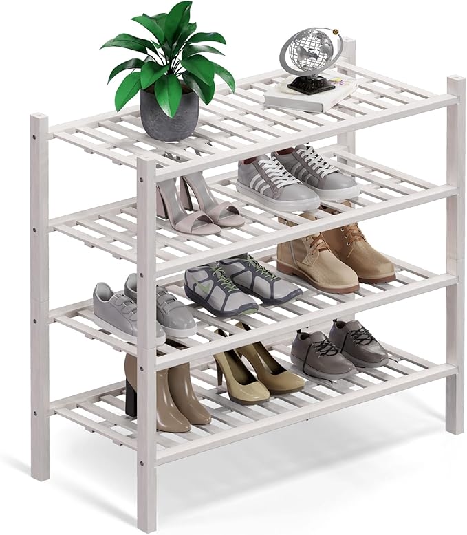 Haddockway 4 Tier Bamboo Shoe Rack Storage Organizer, Multifunctional Free Standing Stackable Shoe Shelf with Grid Panel for Closet,Hallway,Entryway,Small Space 27"x11"x26" (White, 4 Tier)