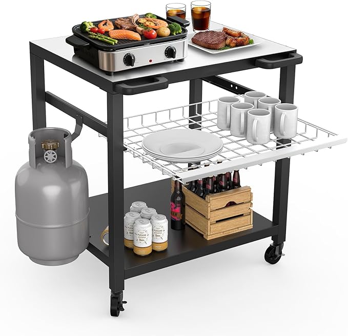 NUUK Grill Cart 30"x24" Pizza Oven Table for Outdoor 3-Shelf with Stainless Steel Top and Sliding Drawer BBQ Grilling Carts Outside Serving Prep Tables Indoor Stand